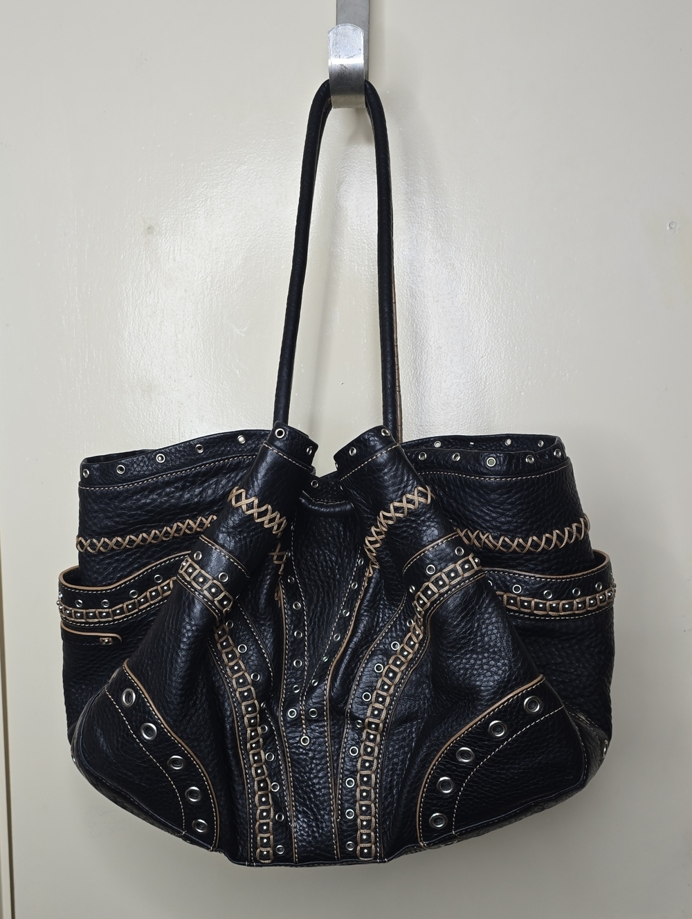 Cole Haan Denny Village Grommet Black Studded Hobo Contrast Stitching Pockets